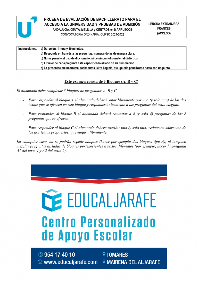 Examen de Francés de Selectividad Andalucía 2022. Educaljarafe