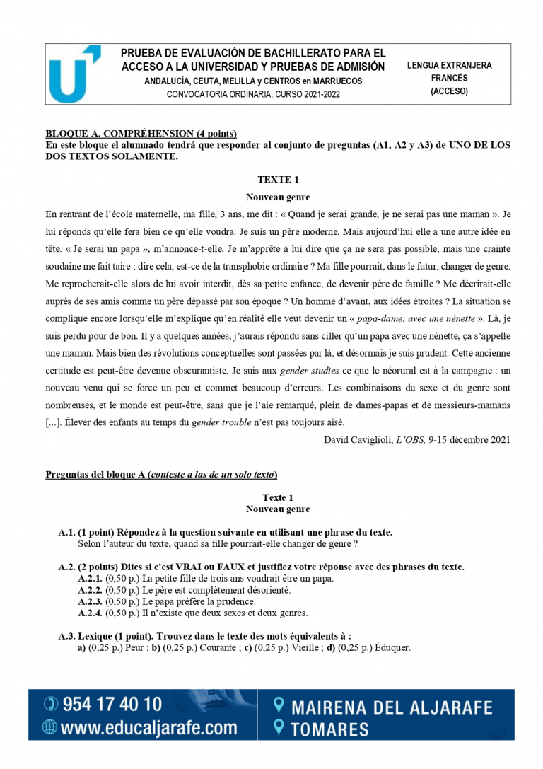 Examen de Francés de Selectividad Andalucía 2022. Educaljarafe