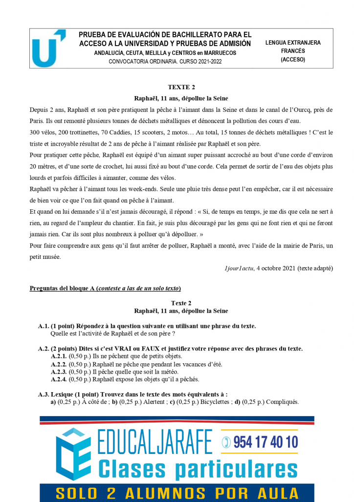 Selectividad examen de Francés en la Selectividad de Andalucía curso 2021-22