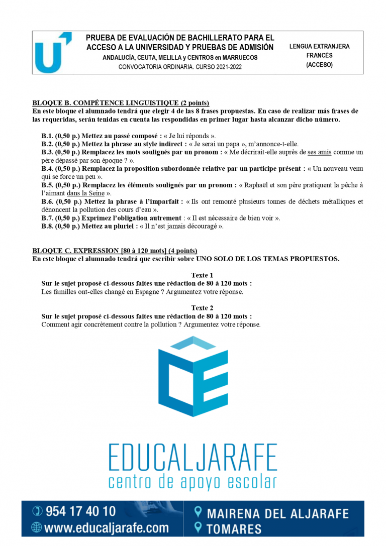 Examen de Francés de Selectividad Andalucía 2022. Educaljarafe